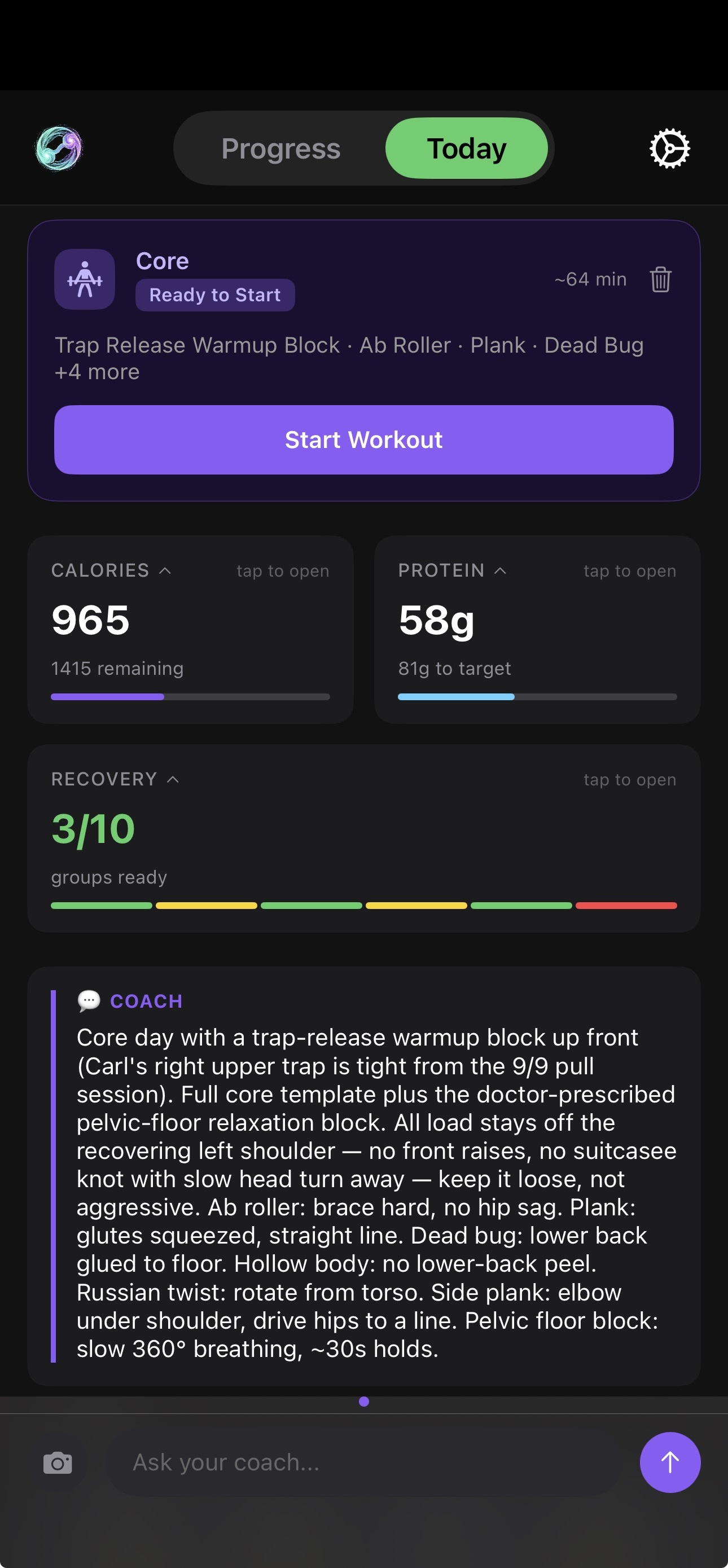 Silas Today dashboard with a Legs workout and a coach message naming your rotation and injuries.