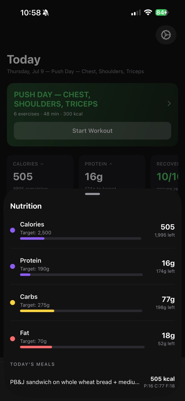Silas nutrition dashboard showing calorie, protein, carb, and fat targets against today's intake.