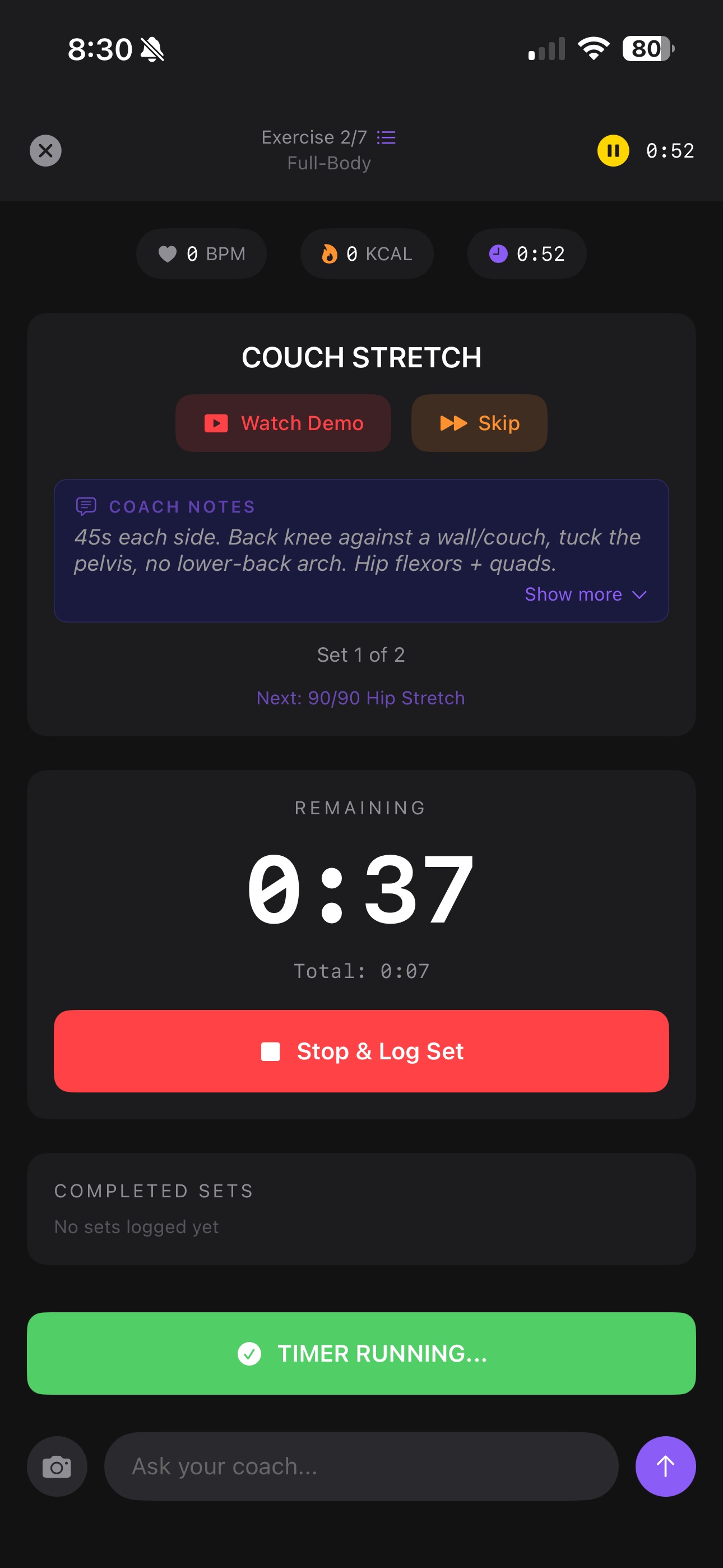 Silas guided Couch Stretch with a live timer and form cues.