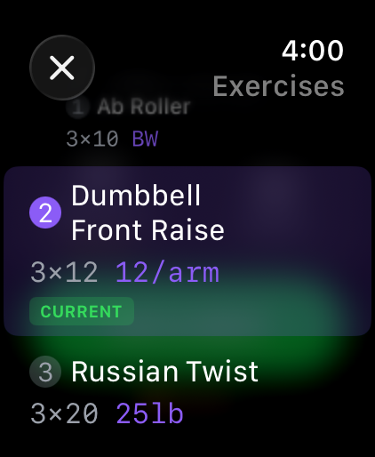 Silas on Apple Watch: a workout list with Ab Roller, Dumbbell Front Raise, and Russian Twist.