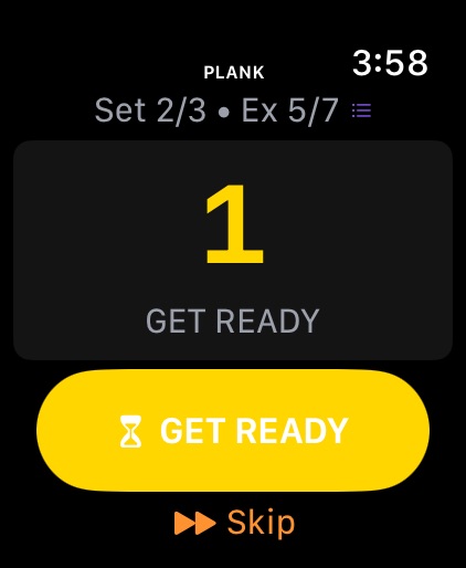 Silas on Apple Watch: a plank set countdown with a GET READY prompt.