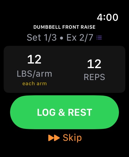 Silas on Apple Watch: logging a dumbbell front raise set with a LOG & REST button.